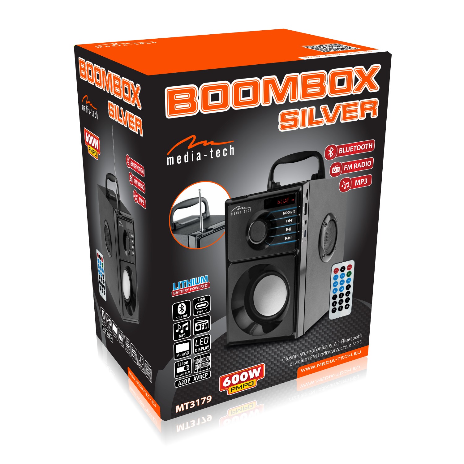 Głośnik bezprzewodowy BOOMBOX SILVER MT3179